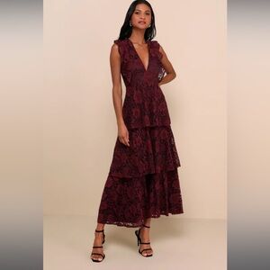 Molinetto Burgundy Lace Ruffled Tiered Sleeveless Maxi Dress